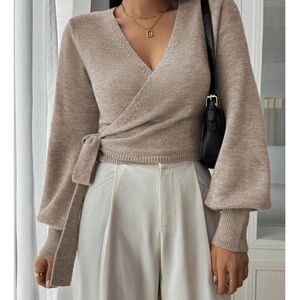 Cozy Solid V neck Wrap Side Tie Knit Cropped Sweater Top